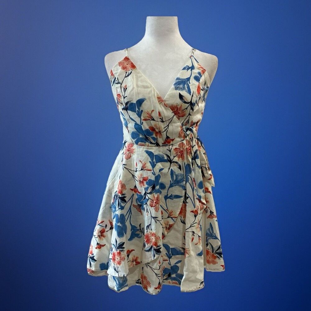 Mi Ami Linen Blend Floral Wrap Dress Cottagecore Size Medium Romantic Resort